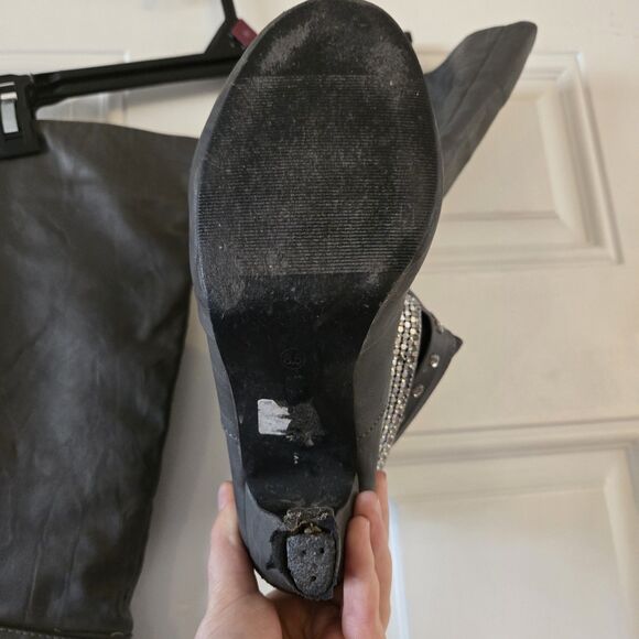 Vanity Gray Studded Rhinestone Knee High Boots Heeled Size 8.5 Alla VT - Picture 6 of 15